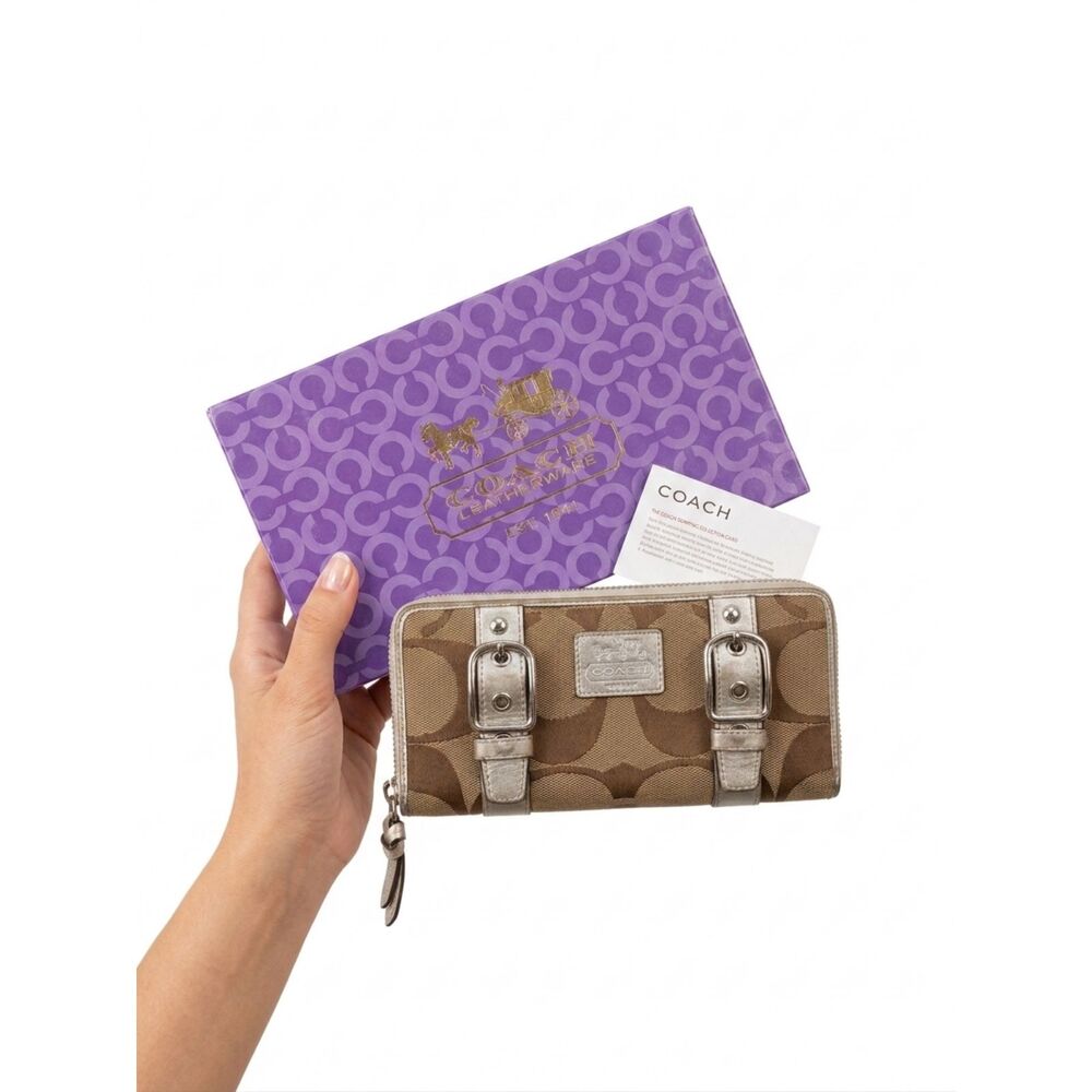 COACH Signature Canvas Double Buckle Continental Zip Wallet with Box & Care Card